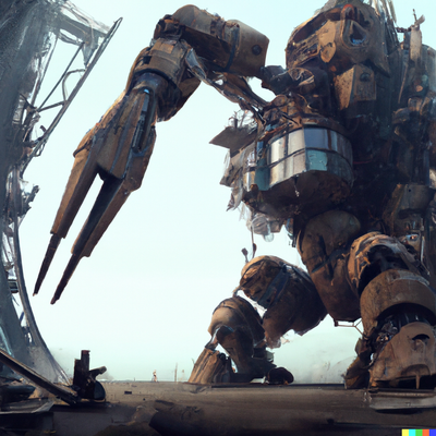 massive huge mech, small crowd, rusty, decommissioned, digital art, natural lighting, hbomax