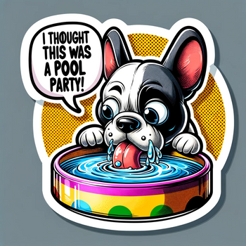 Sticker of a dog drinking water sayng "I thought this was a pool party!"