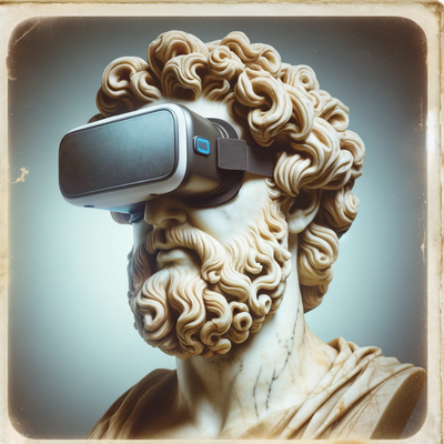 An antique bust of a Greek philosopher made of marble, with intricate details and classical features. The philosopher has a thoughtful expression, typical of ancient Greek sculpture, with curly hair and a beard. He is wearing a modern virtual reality headset, contrasting the old with the new. The image has a vintage Polaroid look, with faded colors and slightly grainy, adding to the antiquity and uniqueness of the composition.