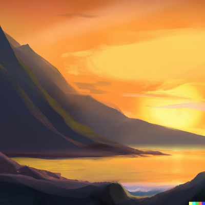 sunset over a beach, a sunset over a mountain range, digital art