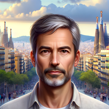 "Dive into the world of avatars and create a diverse representation of yourself, a 48-year-old man without beard and some slightly gray and short hair and a confident gaze that needs no glasses to see the beauty around him. In the background I want a Barcelona image"