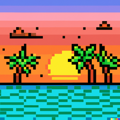 sunny beach scene with palm trees, crystal clear water, and a colorful sunset, pixel art