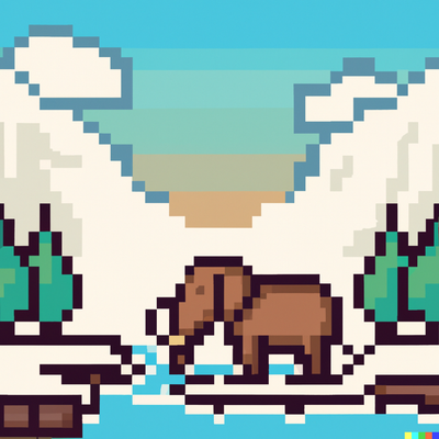 mammoth walking a mountain landscape with a river, pixel art