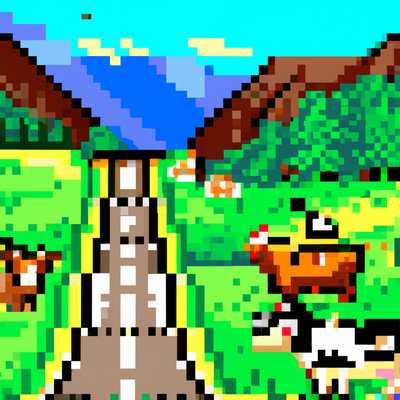 funny cows and chickens eating grass portrait and a fun windy road with a mountain landscape, pixel art
