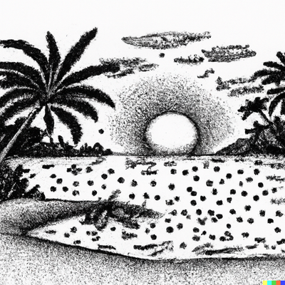 sunny beach scene with palm trees, crystal clear water, and a sunset, dotted pen art