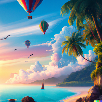 Hot air balloons with a sunny beach scene, palm trees, crystal clear water, and a colorful sunset, digital art