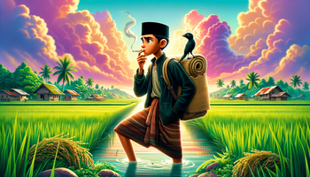 Islamic boarding school student in his twenties, working in the rice field with his pet bird. Disney Pixar