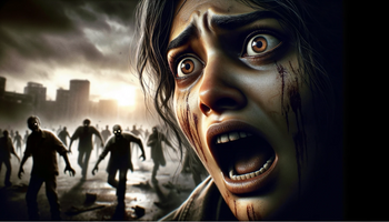 Human survivor with an expression of sheer terror, set in a zombie apocalypse.