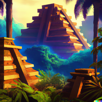 pyramids in the tropical rainforest, aztec, digital art