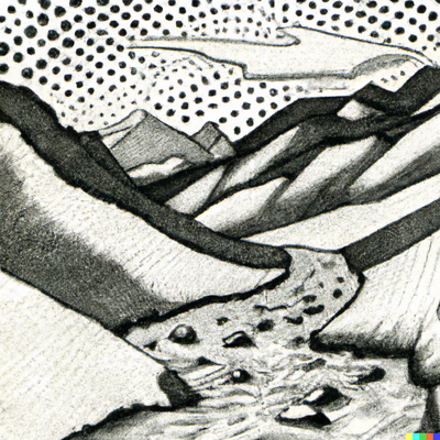 A mountain landscape with a river, dotted-pen art