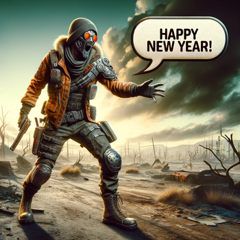 Character in a post-apocalyptic, zombie-themed world, complete with a chat bubble saying "Happy New Year!"