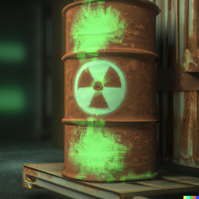 Rusty Biohazard Barrel, green bioluminescence, inner glow, no reflection, blurred lab background, 3D, digital art