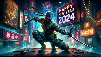A ninja character in a setting reminiscent of Metal Gear Solid, wallpaper design with a festive New Year's 2024 theme.