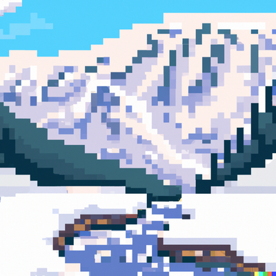 snowy mountain landscape with a river, pixel art