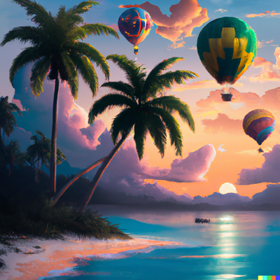 Hot air balloons with a sunny beach scene, palm trees, crystal clear water, and a colorful sunset, digital art