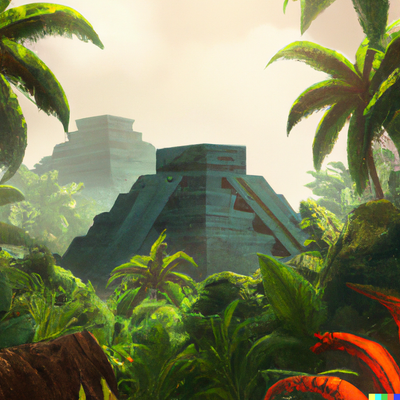 pyramids in the tropical rainforest, aztec, digital art