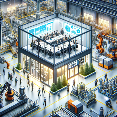 A modern manufacturing facility with an Obeya Room highlighted, showing people engaged in decision-making, illustration