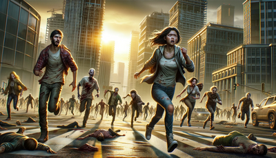 Human survivors fleeing during a zombie apocalypse in a city. Wallpaper