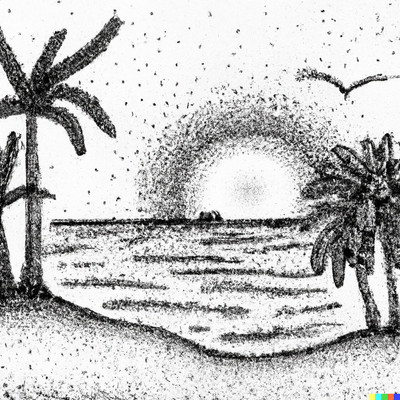 sunny beach scene with palm trees, crystal clear water, and a sunset, dotted pen art
