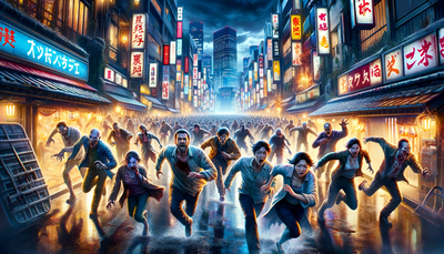 Wallpaper depicting a zombie apocalypse in Tokyo, focusing on human survivors fleeing in terror. Wallpaper