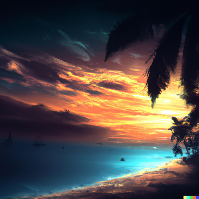 sunny beach scene with palm trees, crystal clear water, and a colorful sunset., gothic horror, digital art