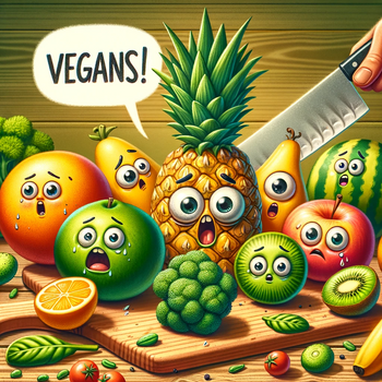 Fruits and broccoli on a cutting board in fear with a speech bubble saying "Vegans!", sticker