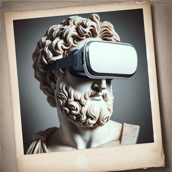 An antique bust of a Greek philosopher wearing a VR headset, Polaroid