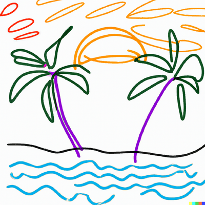 sunny beach scene with palm trees, crystal clear water, and a colorful sunset, one-line drawing