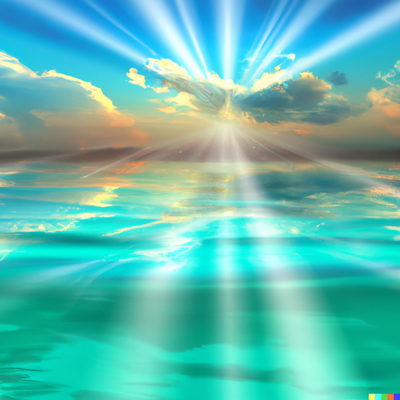 Sunny beach scene, crystal clear water, and a colorful sunset, digital art, light-rays