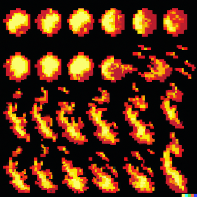 create a 16 bit pixel art version spritesheet of a fiery fire ball in motion, spritesheet