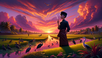 Pixar Disney : An Islamic boarding school student wearing black clothes, sarong, wearing a black cap, while smoking on the edge of a rice field. Wallpaper