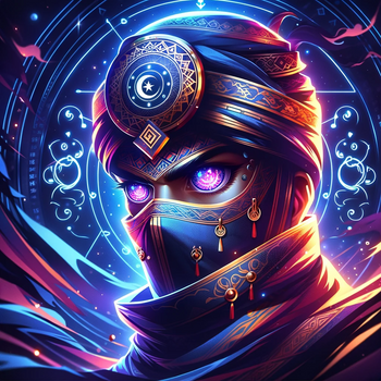 Moroccan-themed gaming avatar with mystical elements, focusing on enigmatic eyes.