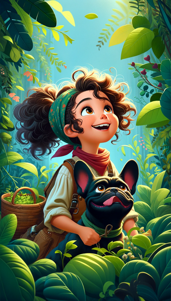 Disney Pixar-style movie posters in vertical portrait mode. Features a curly-haired girl with a ponytail and headscarf, along with her black French Bulldog, set amidst a lush, green environment.
