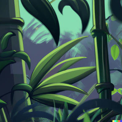 cute bamboo leafs and plants in a tropical forest, digital art