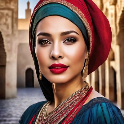  hyper realistic portrait of a 16th century modern beautiful Moroccan women red lips in old