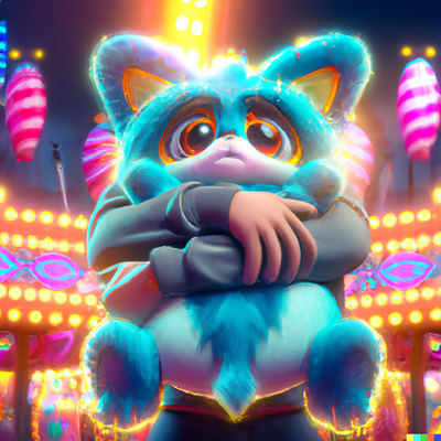 Character Hugging Cute furry Hanging Stuffed animal prize, Cally3D, blurred amusement park background, bioluminescence, digital art