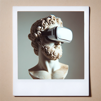 An antique bust of a Greek philosopher wearing a VR headset, Polaroid