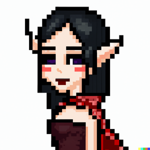 Woman with elf ears, wearing a dress half black half red. She has fairy like wings, and a mole above her lips. Pixel art, cute