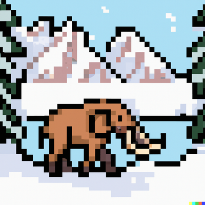 mammoth walking a snowy mountain landscape with a river, pixel art