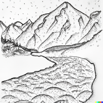 A mountain landscape with a river, dotted-pen art