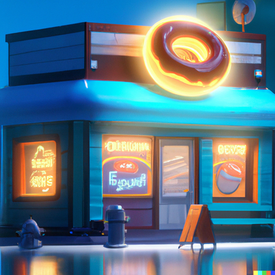 Donut shaped Cafe, night scene, bioluminescence, no reflection, 3D, digital art