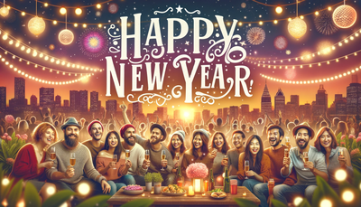 Landscape wallpaper depicting a joyful gathering of diverse friends and family celebrating the New Year.