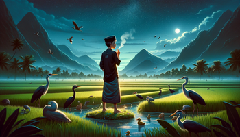 Pixar Disney : An Islamic boarding school student wearing black clothes, sarong, wearing a black cap, while smoking on the edge of a rice field. Wallpaper