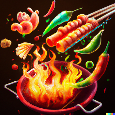 Flaming hot Chinese snacks, digital art