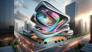 Exterior concept of "Tiana Theater" inspired by the style of Karim Rashid, illustration