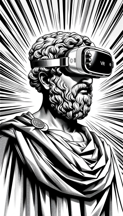 Greek philosopher statue, depicted in a style influenced by Japanese comics (manga) and wearing a VR headset.