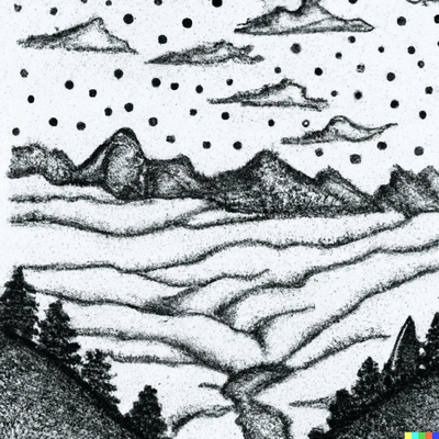 A mountain landscape with a river, dotted-pen art