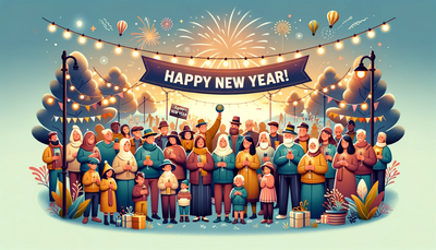 Landscape wallpaper depicting a joyful gathering of diverse friends and family celebrating the New Year.