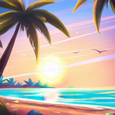 sunny beach scene with palm trees, crystal clear water, and a colorful sunset., digital art