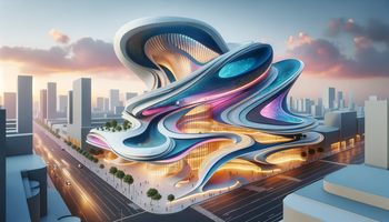 Exterior concept of "Tiana Theater" inspired by the style of Karim Rashid, illustration